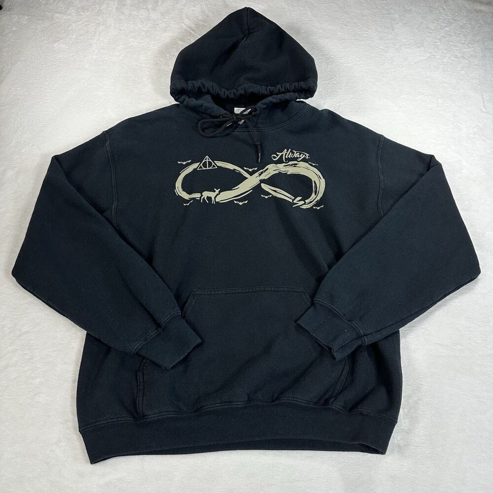 Harry Potter Always Hoodie‎ Medium Black Deathly Hallows Shape Quote Sweatshirt